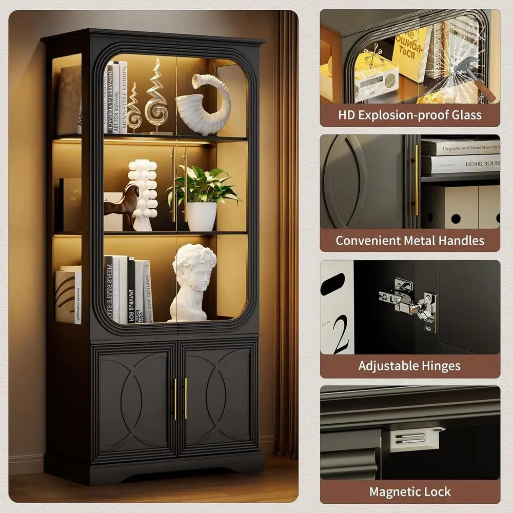 2pc Wood Display Cabinet with Glass Do, 69" Tall Curio Cabinet with LED Lights, Glass Display Case with Storage and 3 Shelves or