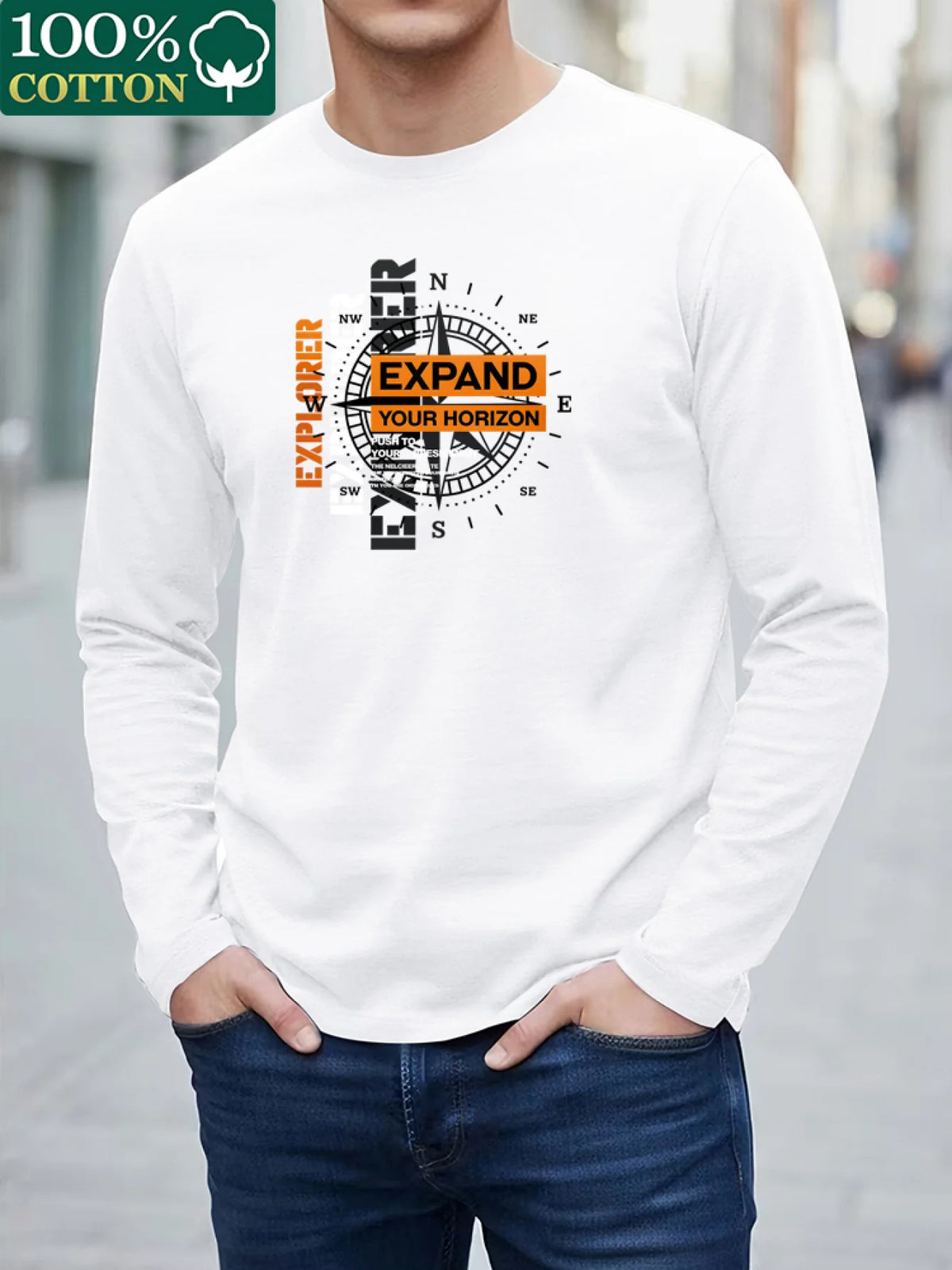100% Pure Cotton Men's Long Sleeved Round Neck Loose Compass Explorer Pattern Printed Casual Versatile T-Shirt Top