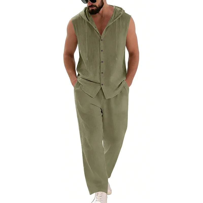 Men's Casual Linen Suit Hooded Sweater And Pants Set Solid Color Breathable Comfortable Men's Clothing
