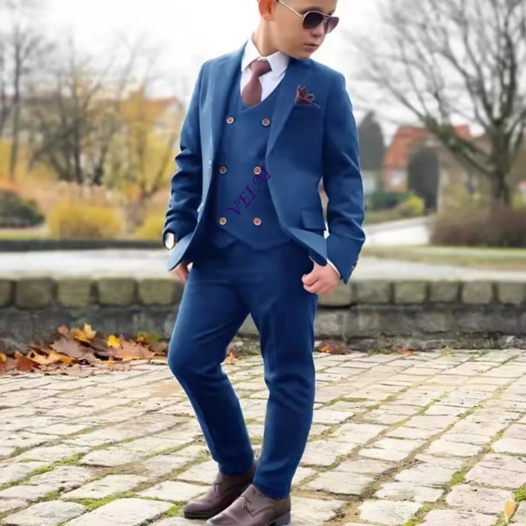 Boys 3 Piece Formal Suit Set with Blazer Pants Vest Customizable Wedding Tuxedo for Kids 2-16 Years
