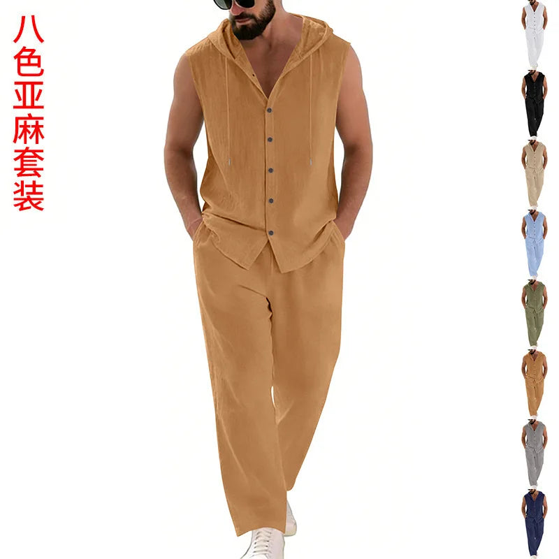 Men's Casual Linen Suit Hooded Sweater And Pants Set Solid Color Breathable Comfortable Men's Clothing