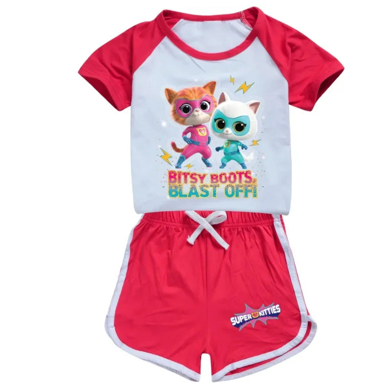 AIAI 2025SuperKitties Costumes Tshirt Shorts Kids Superkitties Clothes Toddler Boys Summer Outfits Baby Grils Short Sleeve Tshir
