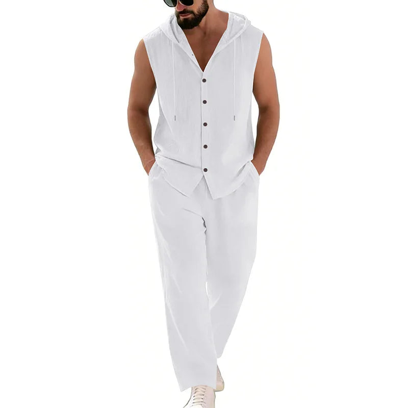 Men's Casual Linen Suit Hooded Sweater And Pants Set Solid Color Breathable Comfortable Men's Clothing