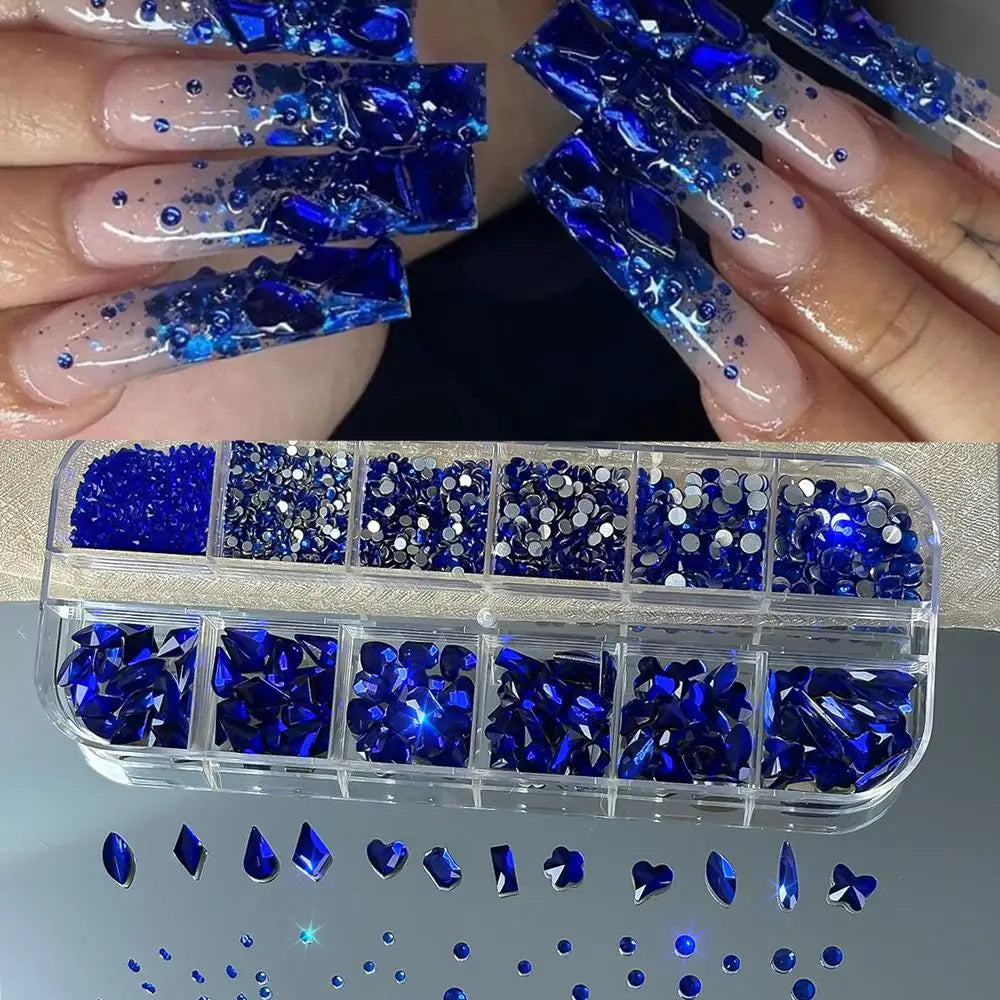 12Grids 3D Sapphire Blue Glass Nail Art Rhinestones Mixed-Shapes Flat-Back Diamond Nails Decorations Sparkling Manicure Gemstone