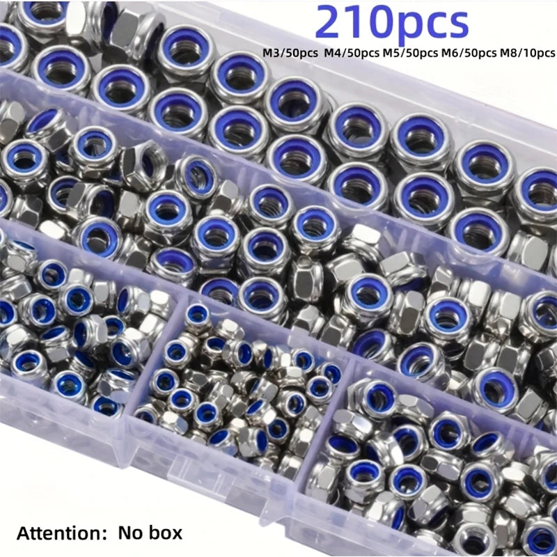 210/150pcs Stainless Steel Hex Lock Nuts, Anti-Slip Self-Locking M3-M8/M4-M6 Assortment for Industrial/Construction/Automotive