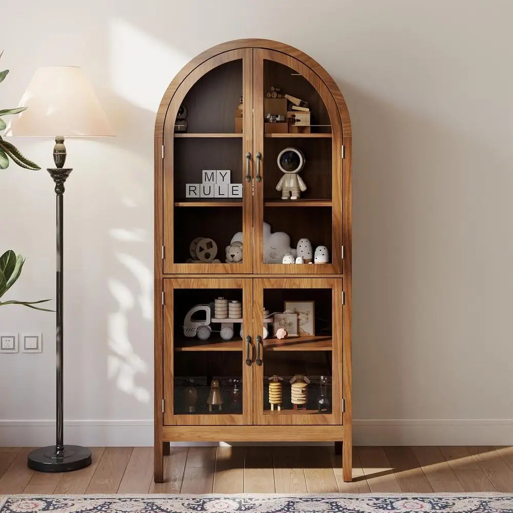 70.9 Tall Walnut Acrylic Glass Display Cabinet for Collectibles, 5-Tier Curio Case for Living Room