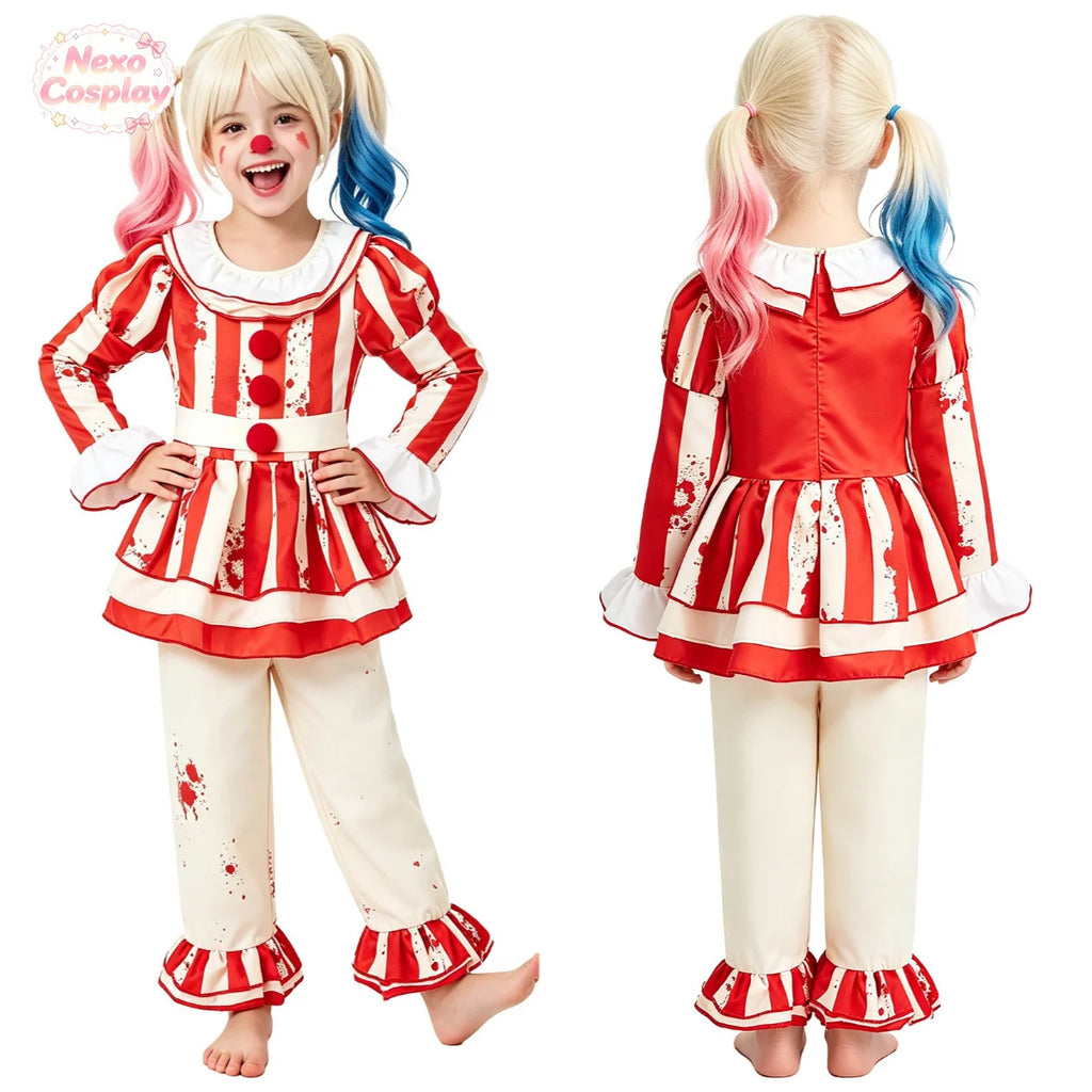 Kids Red White Striped Horror Clown Suit Halloween Cosplay Costume Hallowen Play Role Clothes Clothing