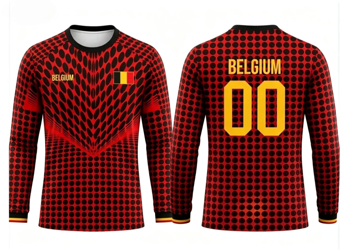 2026 new Belgian round neck long sleeved football jersey with fashionable print for both men and women, versatile for daily use