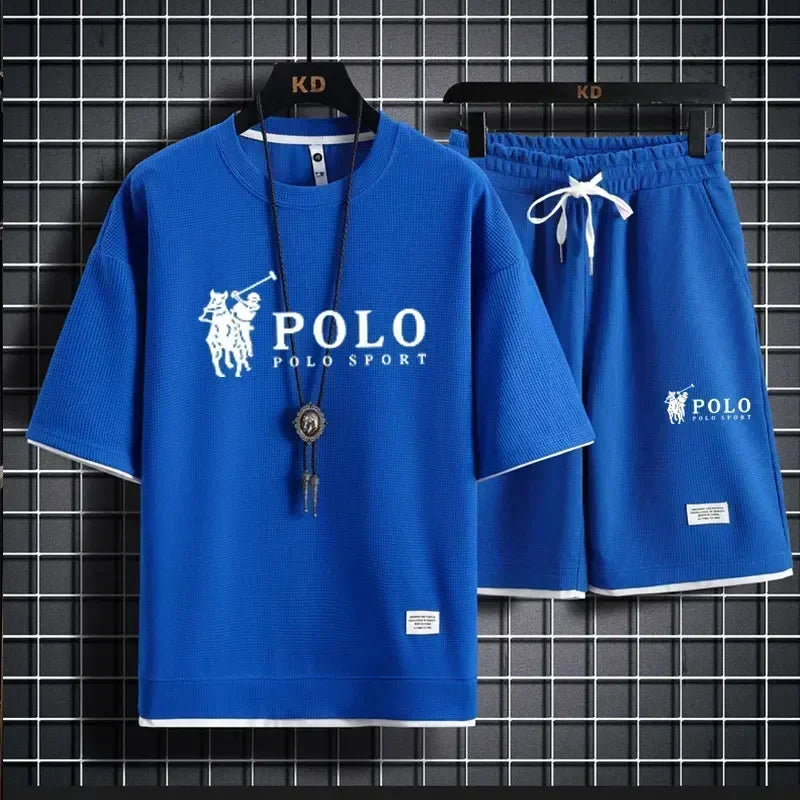 2026 Men's Summer Waffle 2 Piece Set Short Sleeve T-Shirt Sports Shorts Fashion Breathable Casual Tracksuit Gym Running Clothing
