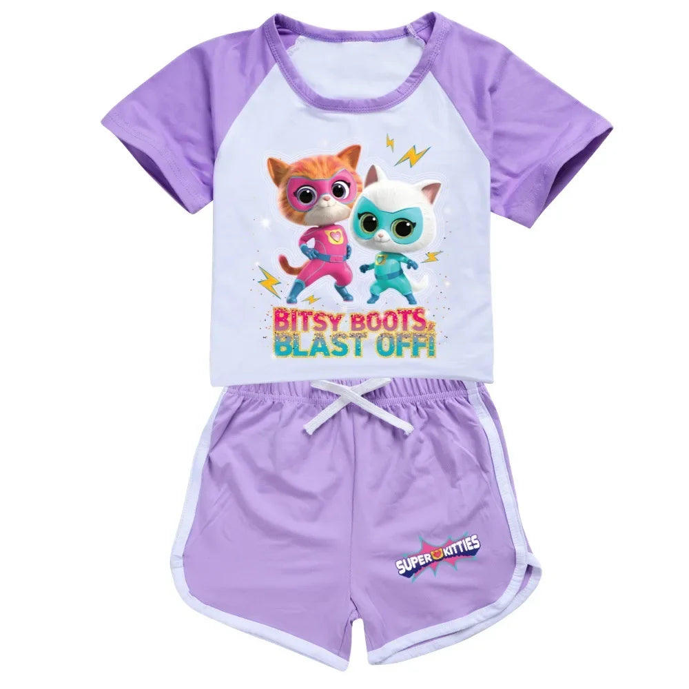 AIAI 2025SuperKitties Costumes Tshirt Shorts Kids Superkitties Clothes Toddler Boys Summer Outfits Baby Grils Short Sleeve Tshir