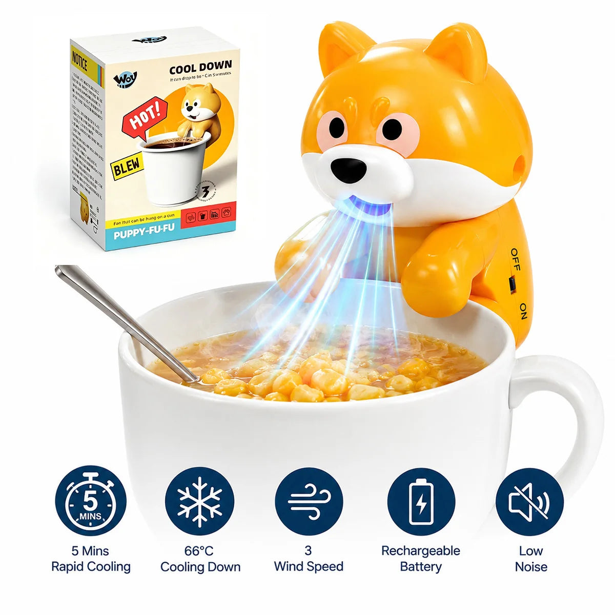Cute Shiba Inu Food Cooling Fan, Rechargeable Portable Cup Fan For Hot Coffee & Soup, 3 Speeds Mini Cooler For Kids