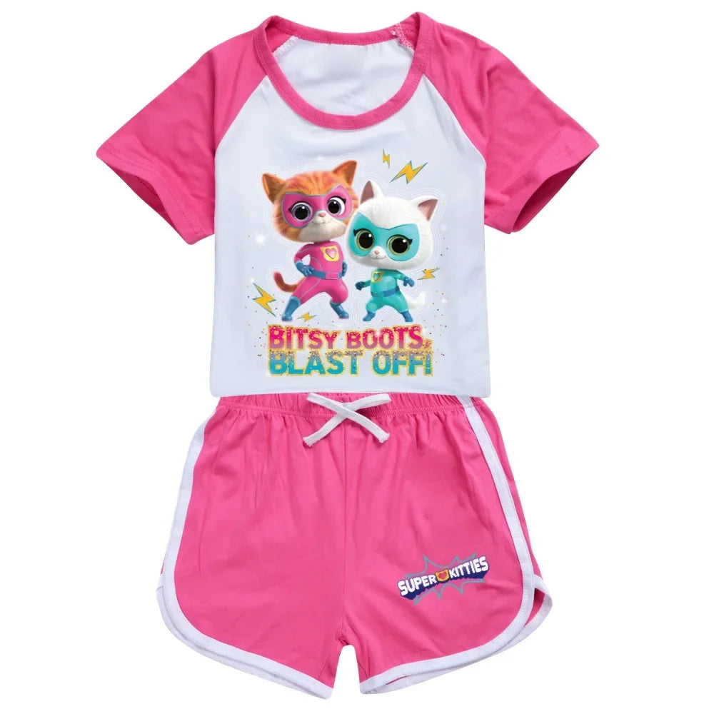 AIAI 2025SuperKitties Costumes Tshirt Shorts Kids Superkitties Clothes Toddler Boys Summer Outfits Baby Grils Short Sleeve Tshir