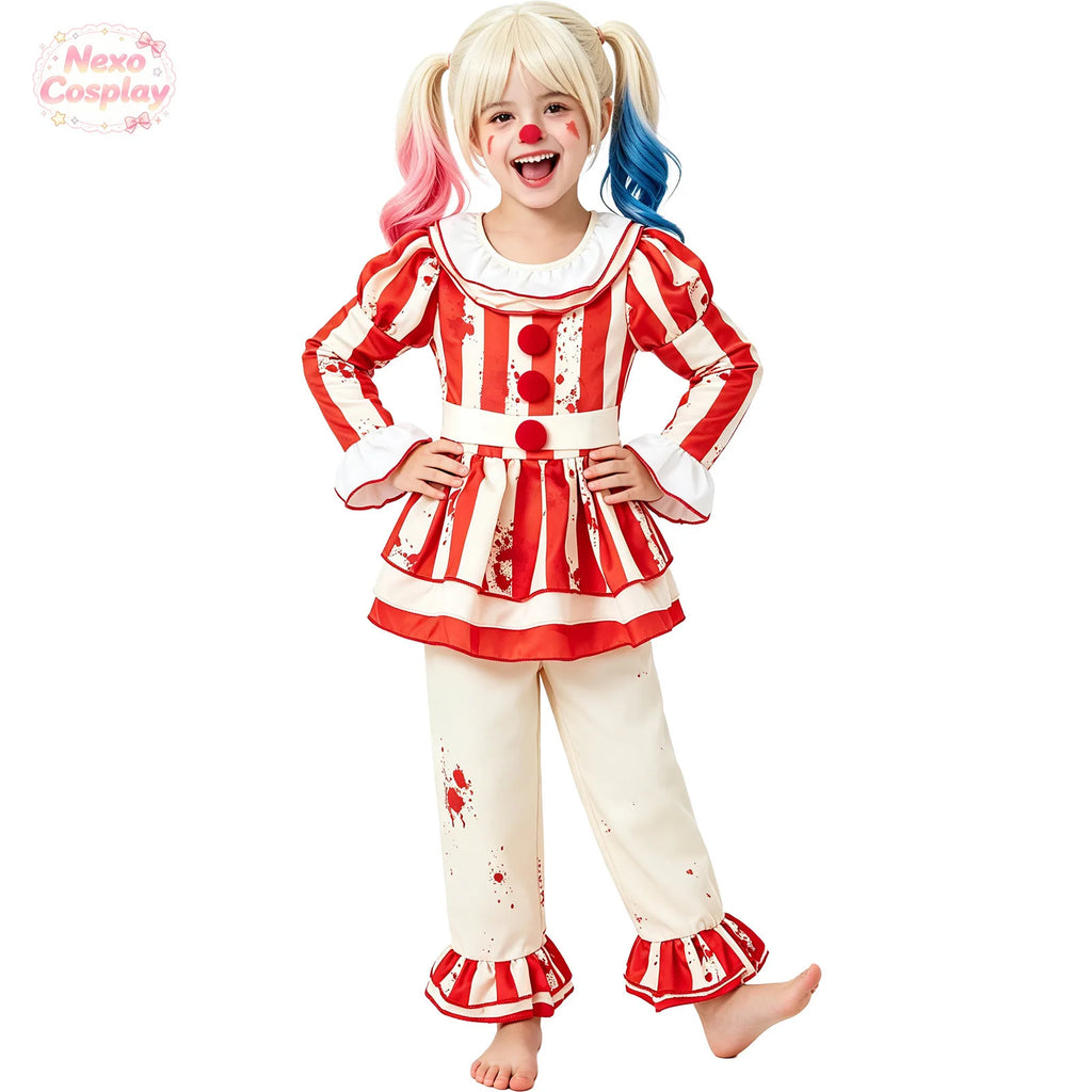 Kids Red White Striped Horror Clown Suit Halloween Cosplay Costume Hallowen Play Role Clothes Clothing