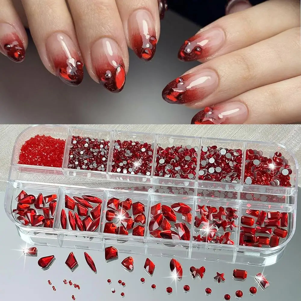 12Grids 3D Sapphire Blue Glass Nail Art Rhinestones Mixed-Shapes Flat-Back Diamond Nails Decorations Sparkling Manicure Gemstone