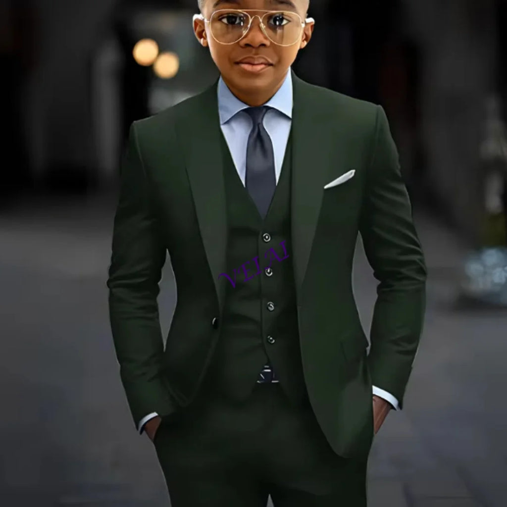 Boys 3 Piece Formal Suit Set with Blazer Pants Vest Customizable Wedding Tuxedo for Kids 2-16 Years
