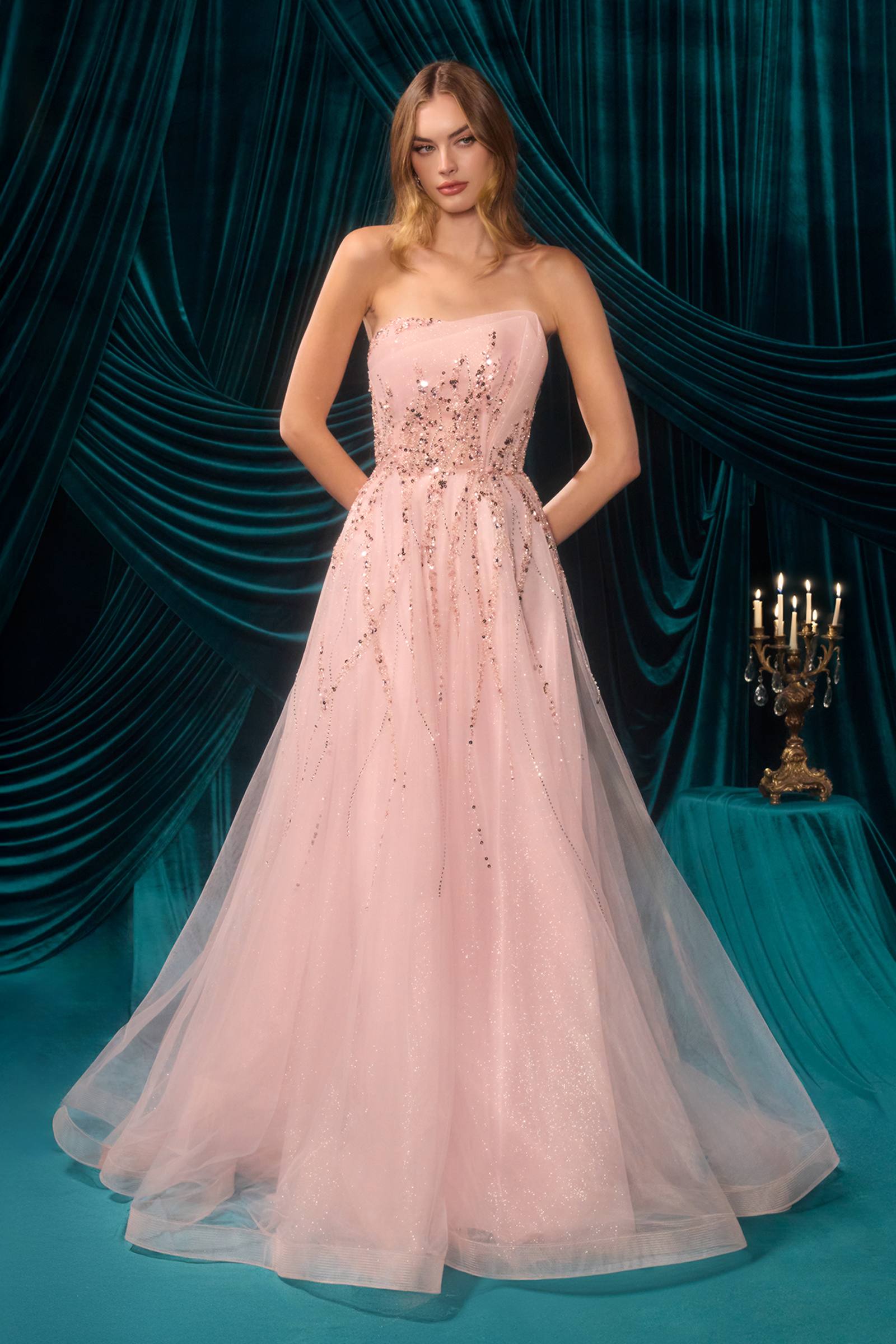 Andrea & Leo A1491 Boned Asymmetrical Sequin Bodice A-Line Formal Dress