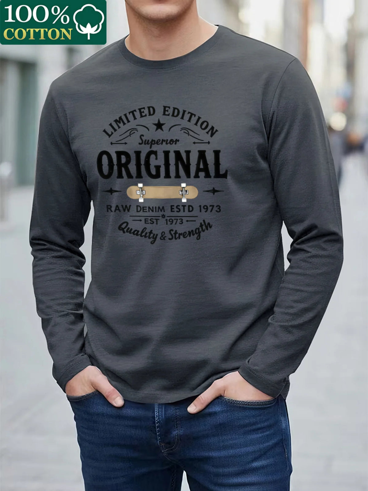 100% Pure Cotton Men's Long Sleeved Round Neck Loose Compass Explorer Pattern Printed Casual Versatile T-Shirt Top