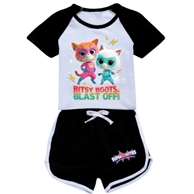 AIAI 2025SuperKitties Costumes Tshirt Shorts Kids Superkitties Clothes Toddler Boys Summer Outfits Baby Grils Short Sleeve Tshir
