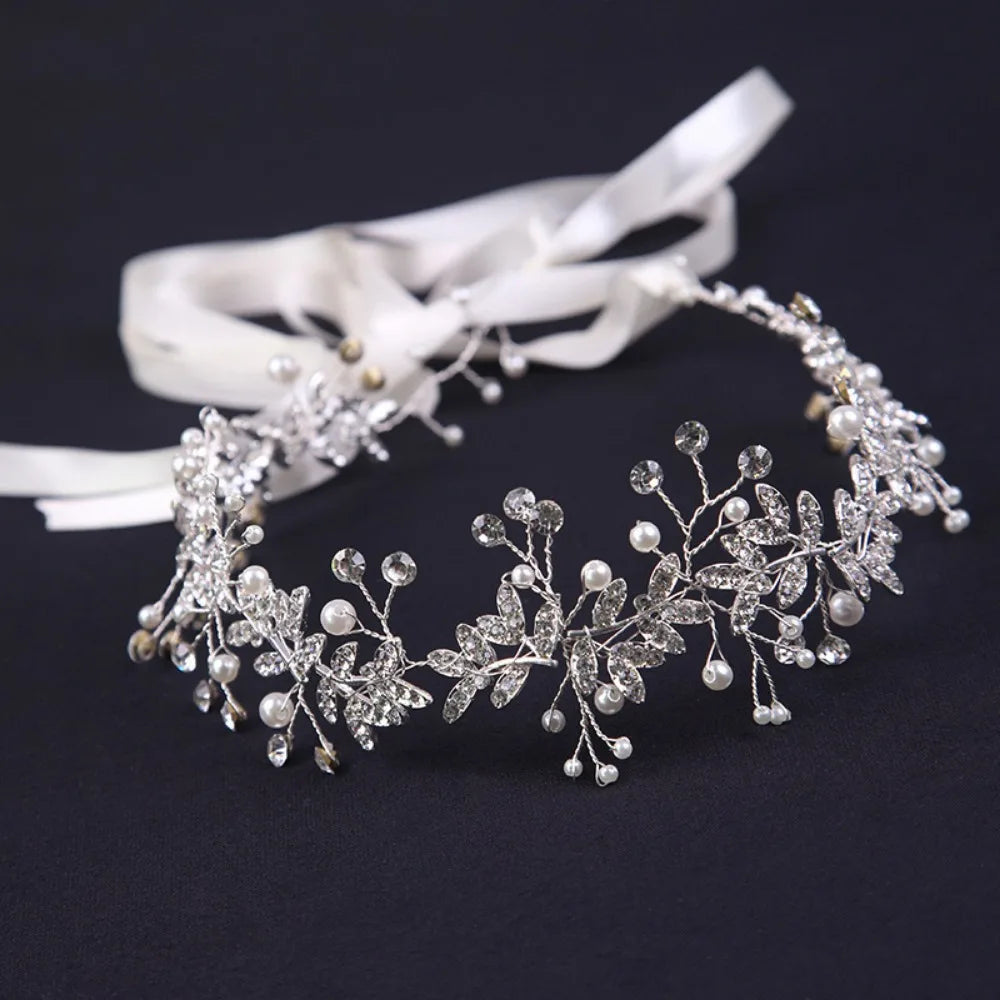 Pearl Bridal Headband Sparkling with Ribbon Rhinestone Headpiece Comfortable To Wear Handmade Bridesmaid Headwear Prom Event