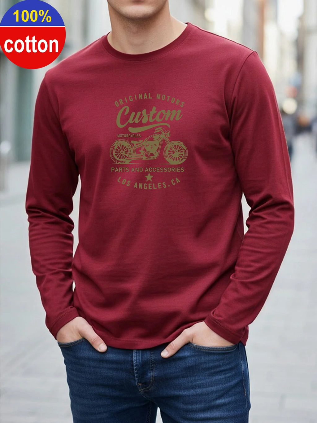 100% Pure Cotton Men's Long Sleeved Round Neck Loose Motorcycle Tpattern Printed Spring and Autumn Casual Versatile T-Shirt Top
