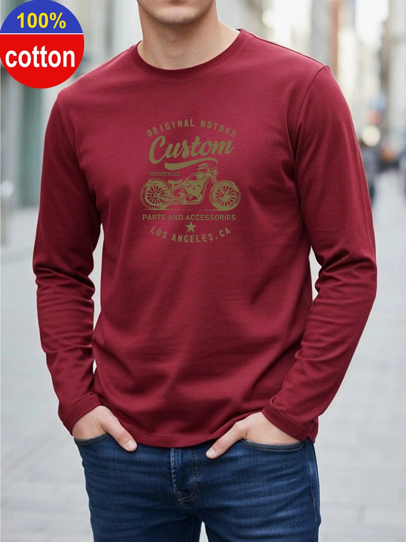 100% Pure Cotton Men's Long Sleeved Round Neck Loose Motorcycle Tpattern Printed Spring and Autumn Casual Versatile T-Shirt Top
