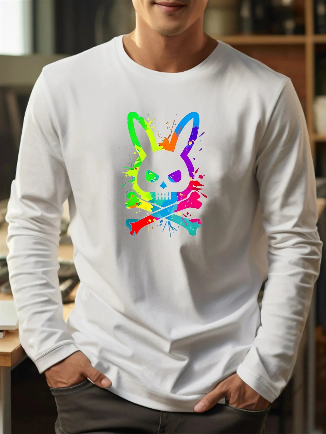 100% Pure Cotton Men's Long Sleeved Round Neck Loose Motorcycle Tpattern Printed Spring and Autumn Casual Versatile T-Shirt Top
