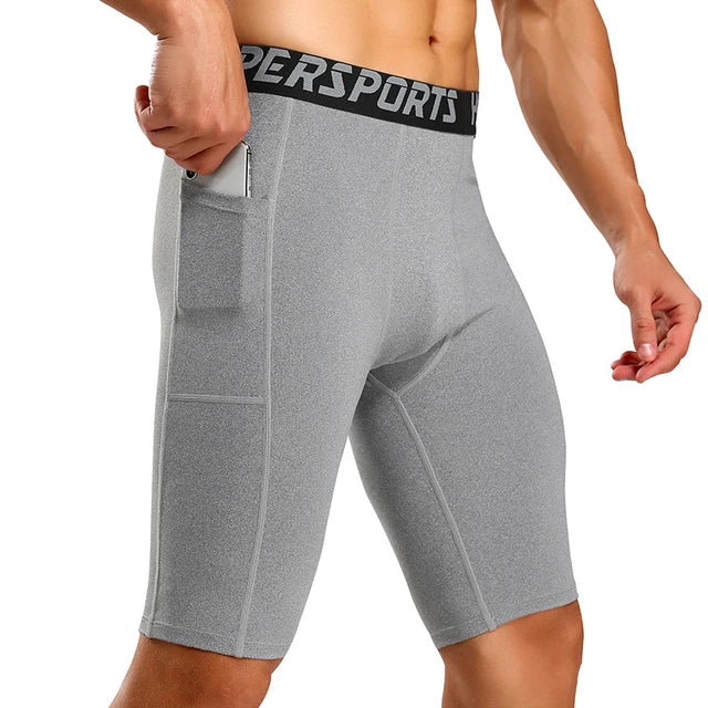 Mens Gym Shorts with Pockets Workout Compression Leggings for Men Polyester Boxer Briefs Running Basketball Athletic Tights