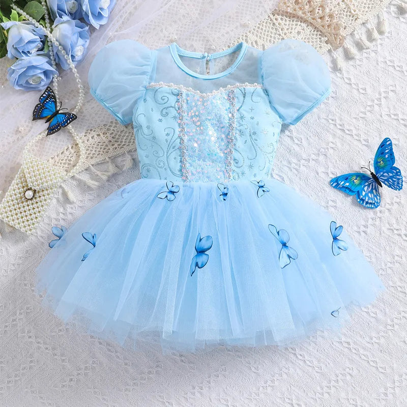 Cinderella Dancing Dress Girls Butterfly Applique Sequin Princess Ballet Clothes 2-8 Yrs Kid Training Uniform Blue Luxury Gown