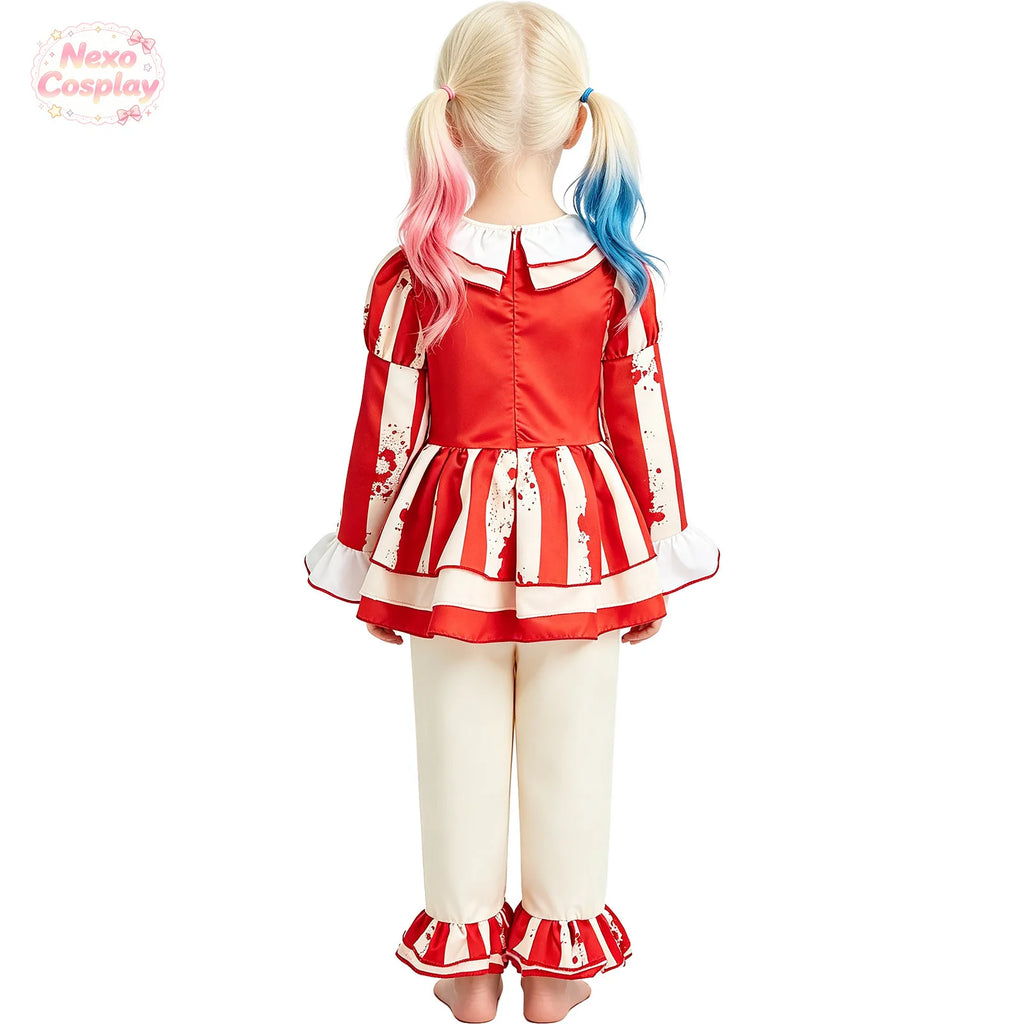 Kids Red White Striped Horror Clown Suit Halloween Cosplay Costume Hallowen Play Role Clothes Clothing