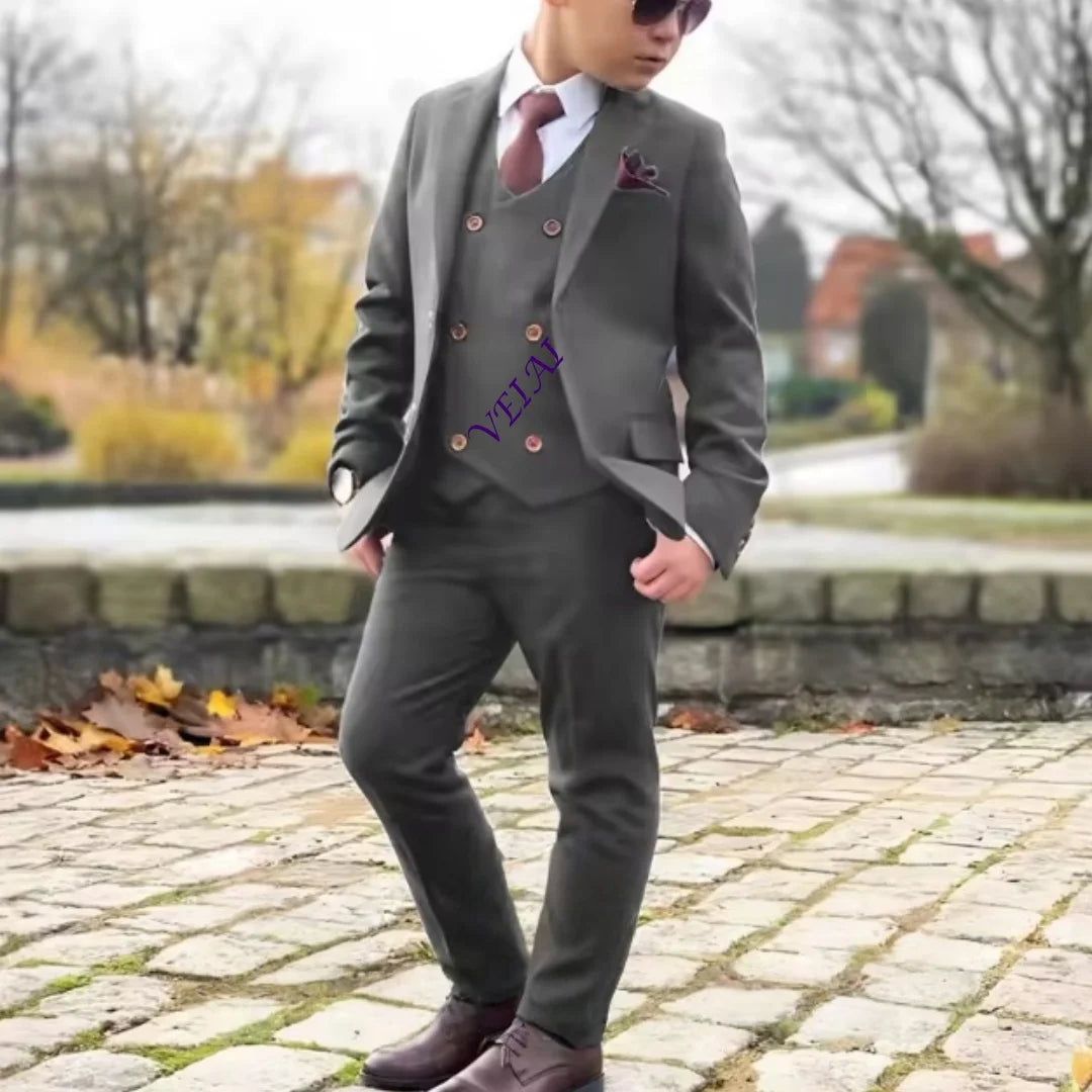 Boys 3 Piece Formal Suit Set with Blazer Pants Vest Customizable Wedding Tuxedo for Kids 2-16 Years