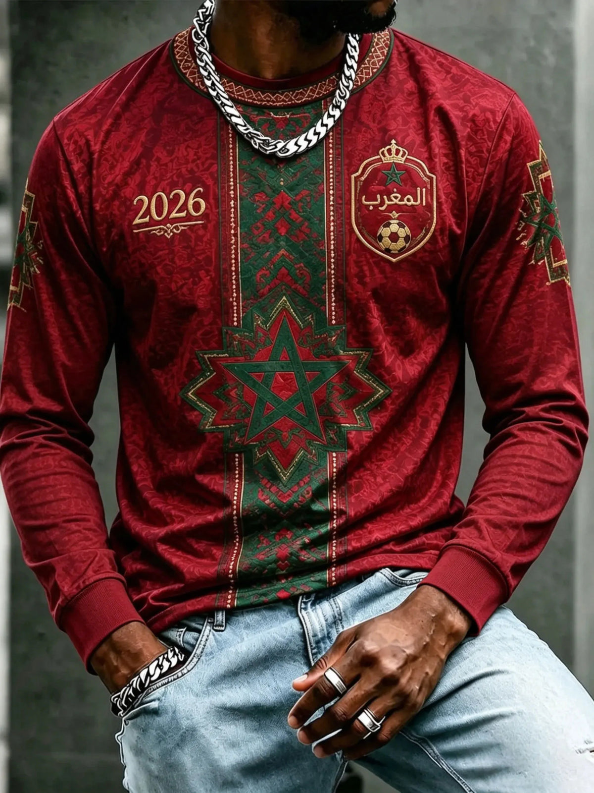 2026 Morocco round neck long sleeved T-shirt 3D printed long sleeved casual daily breathable fast drying fashion versatile