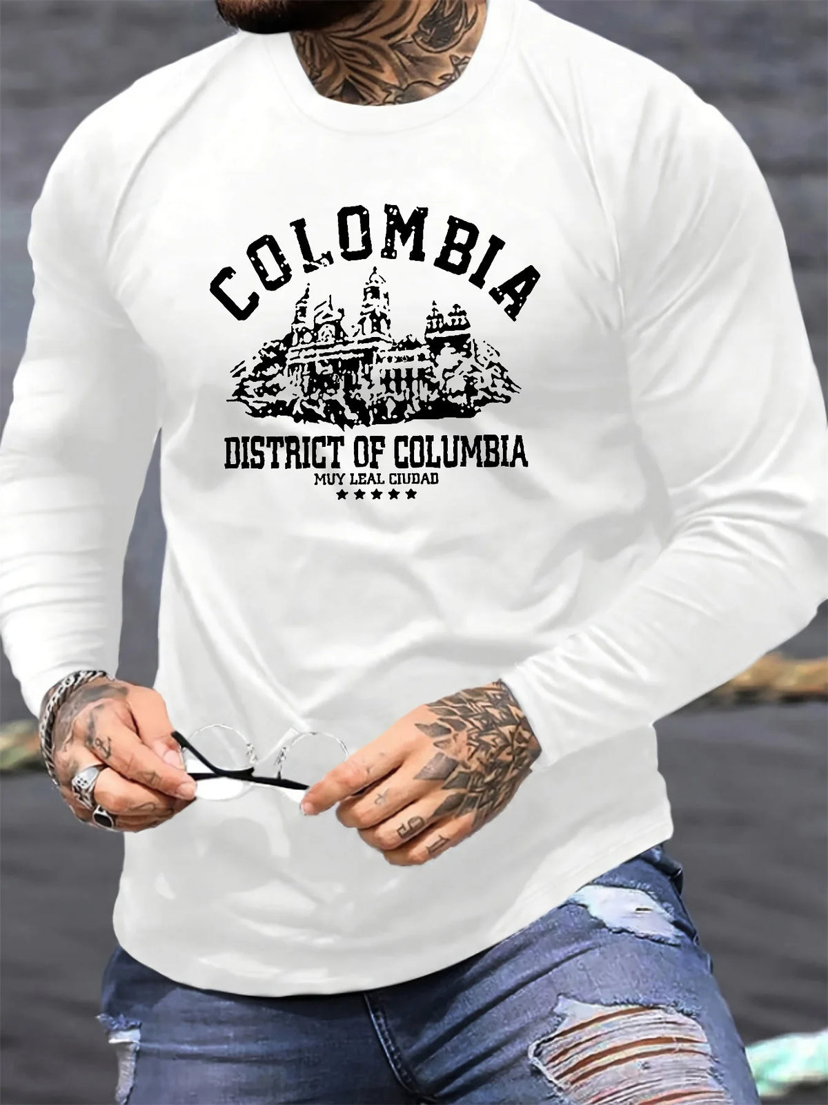 100% cotton men's long sleeved round neck loose Colombian architectural pattern print autumn/winter casual versatile T-shirt top