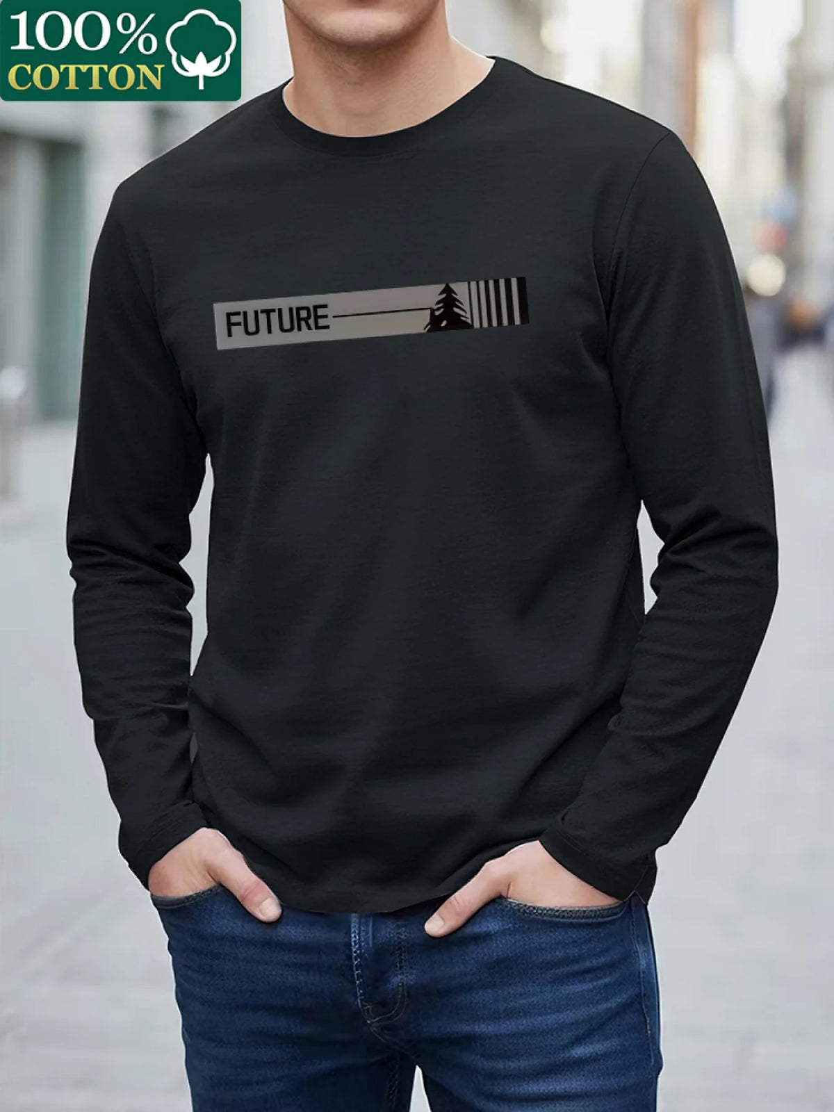 100% Pure Cotton Men's Long Sleeved Round Neck Loose Compass Explorer Pattern Printed Casual Versatile T-Shirt Top