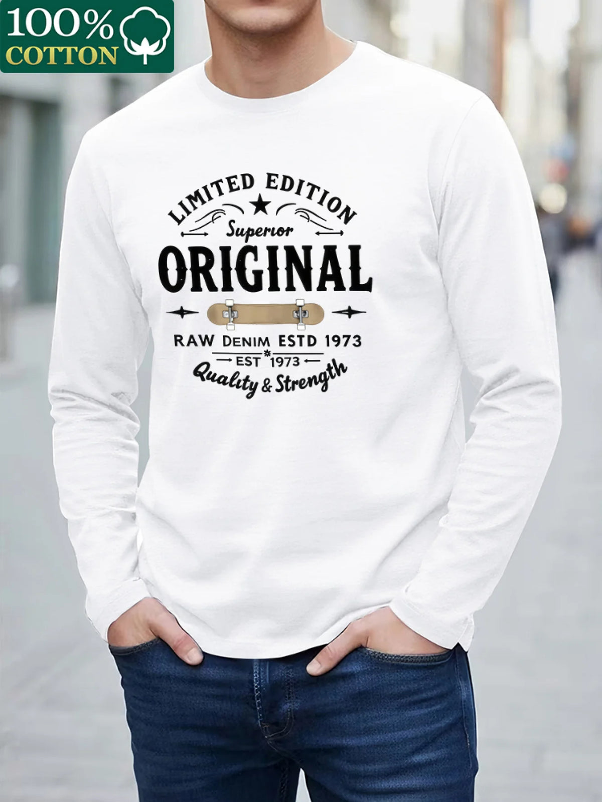 100% Pure Cotton Men's Long Sleeved Round Neck Loose Compass Explorer Pattern Printed Casual Versatile T-Shirt Top