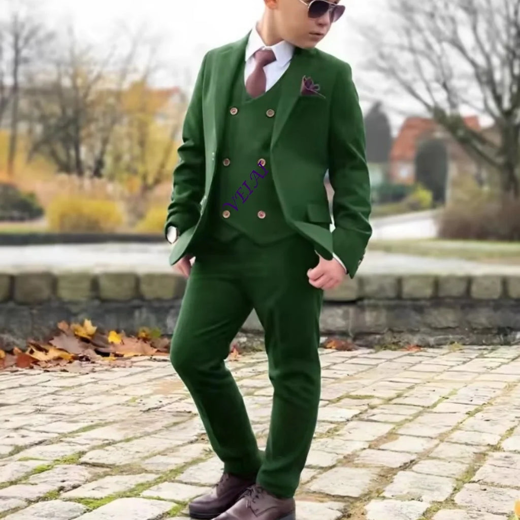 Boys 3 Piece Formal Suit Set with Blazer Pants Vest Customizable Wedding Tuxedo for Kids 2-16 Years