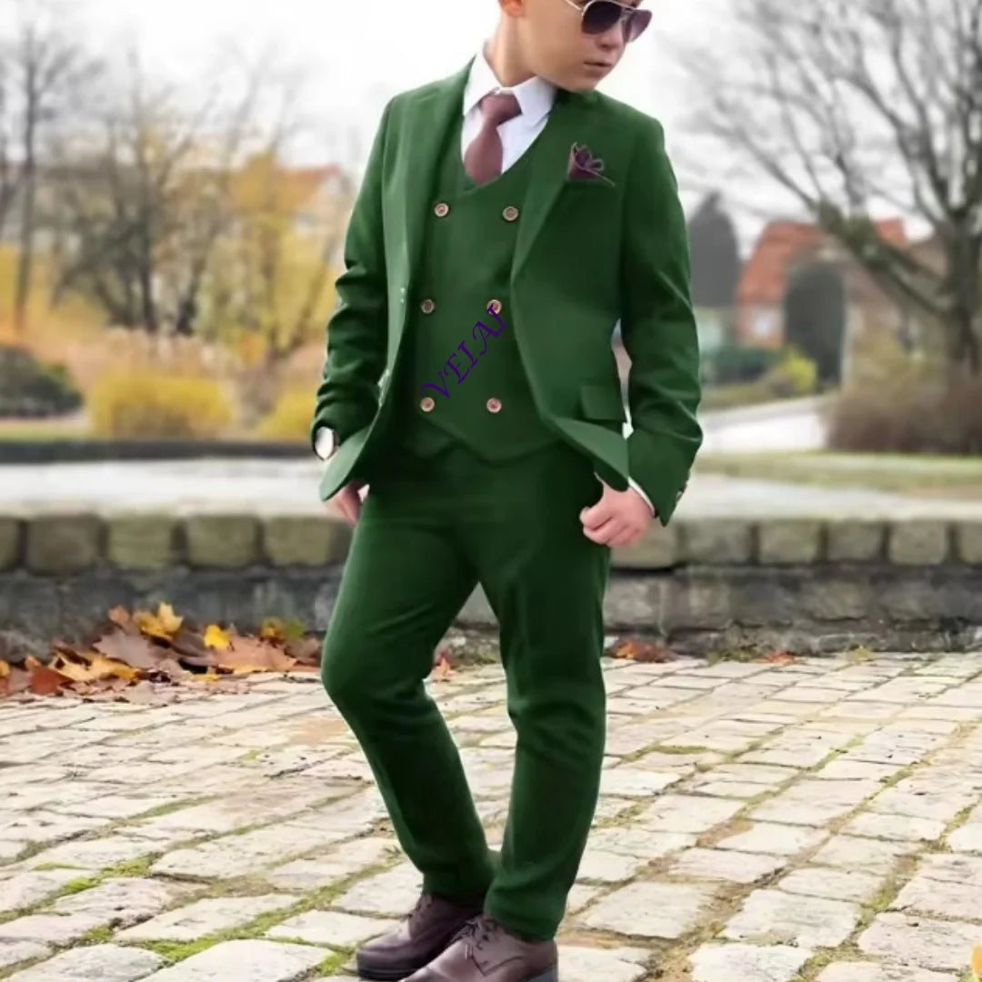 Boys 3 Piece Formal Suit Set with Blazer Pants Vest Customizable Wedding Tuxedo for Kids 2-16 Years