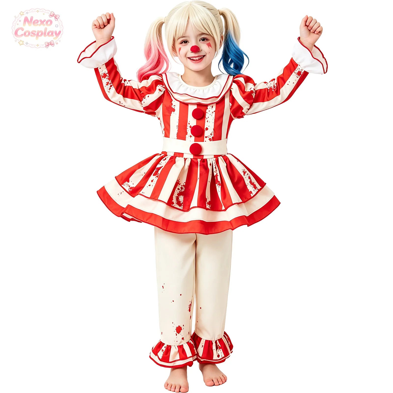 Kids Red White Striped Horror Clown Suit Halloween Cosplay Costume Hallowen Play Role Clothes Clothing