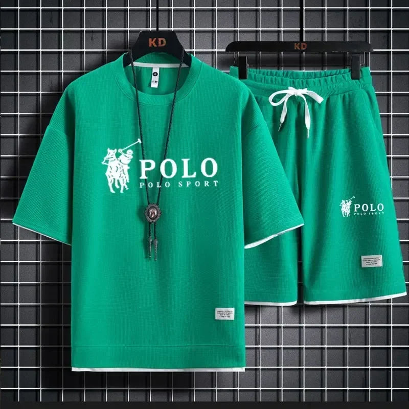 2026 Men's Summer Waffle 2 Piece Set Short Sleeve T-Shirt Sports Shorts Fashion Breathable Casual Tracksuit Gym Running Clothing