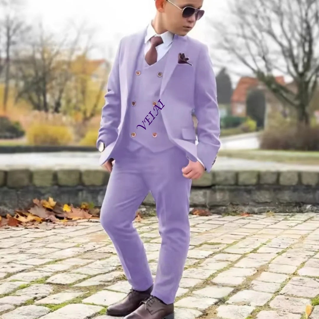 Boys 3 Piece Formal Suit Set with Blazer Pants Vest Customizable Wedding Tuxedo for Kids 2-16 Years