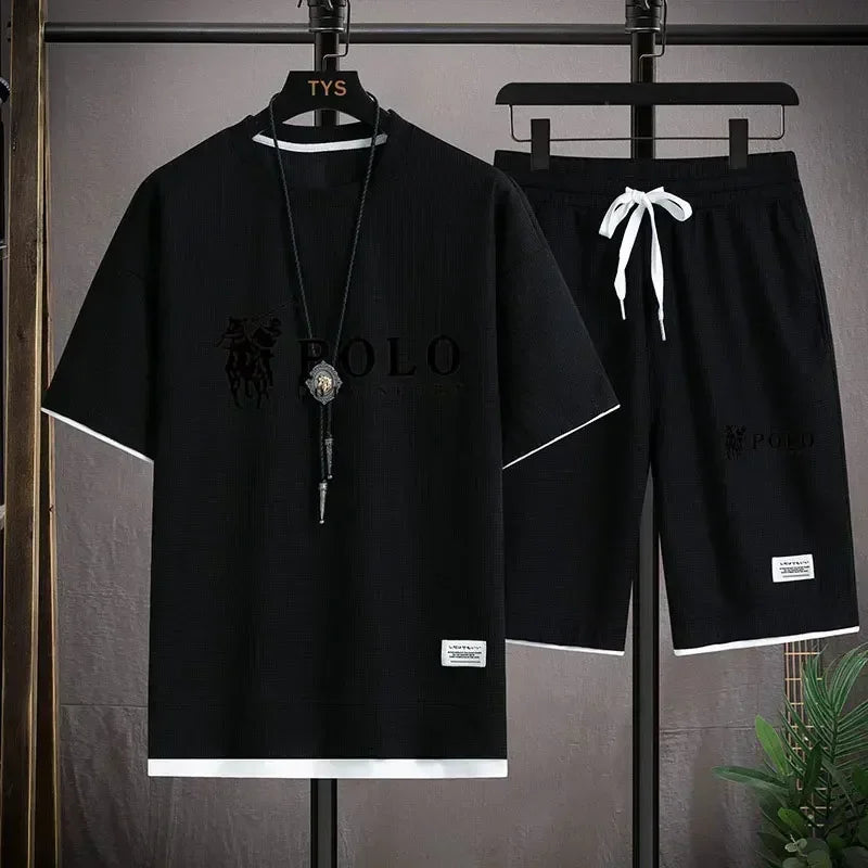 2026 Men's Summer Waffle 2 Piece Set Short Sleeve T-Shirt Sports Shorts Fashion Breathable Casual Tracksuit Gym Running Clothing