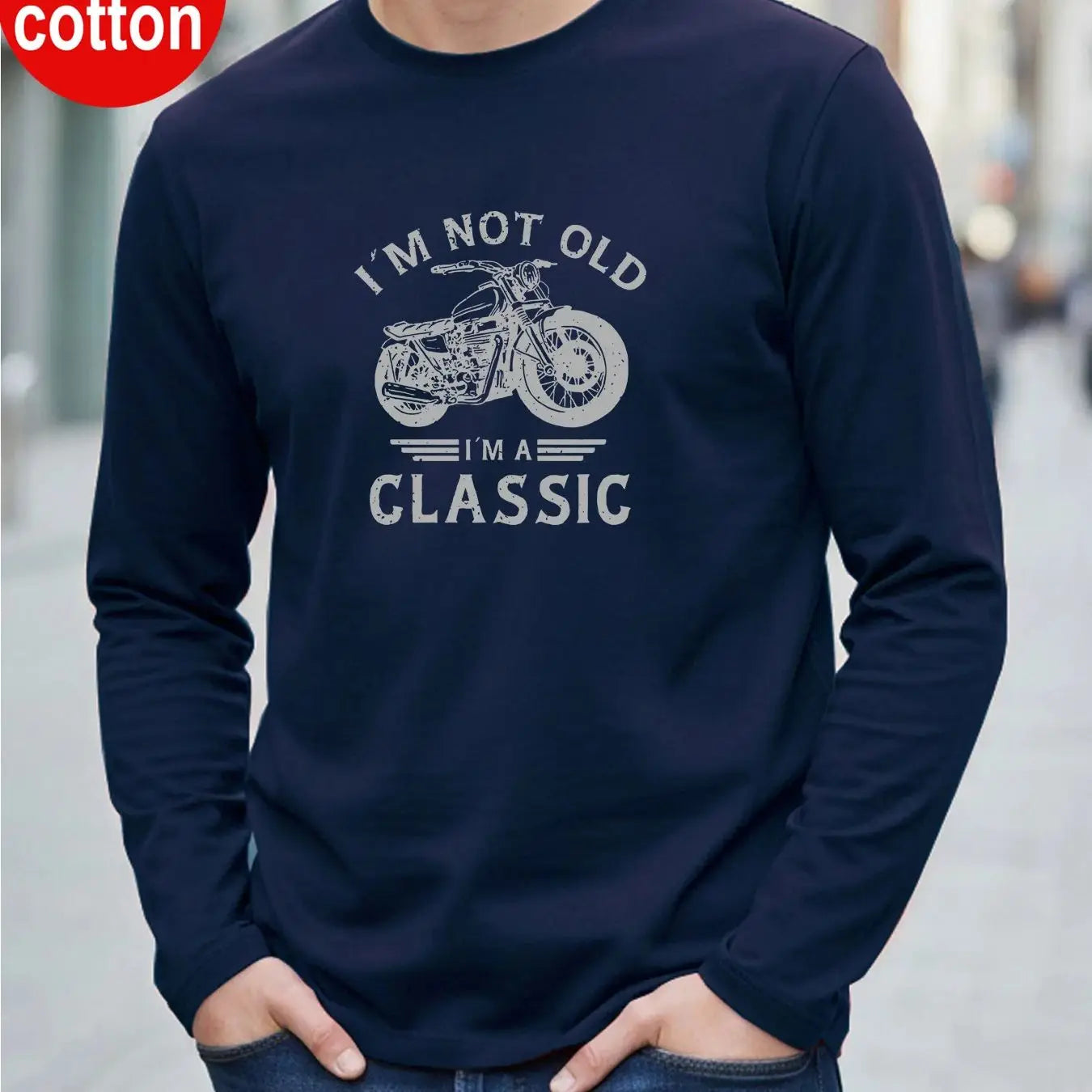100% Pure Cotton Men's Long Sleeved Round Neck Loose Motorcycle Tpattern Printed Spring and Autumn Casual Versatile T-Shirt Top