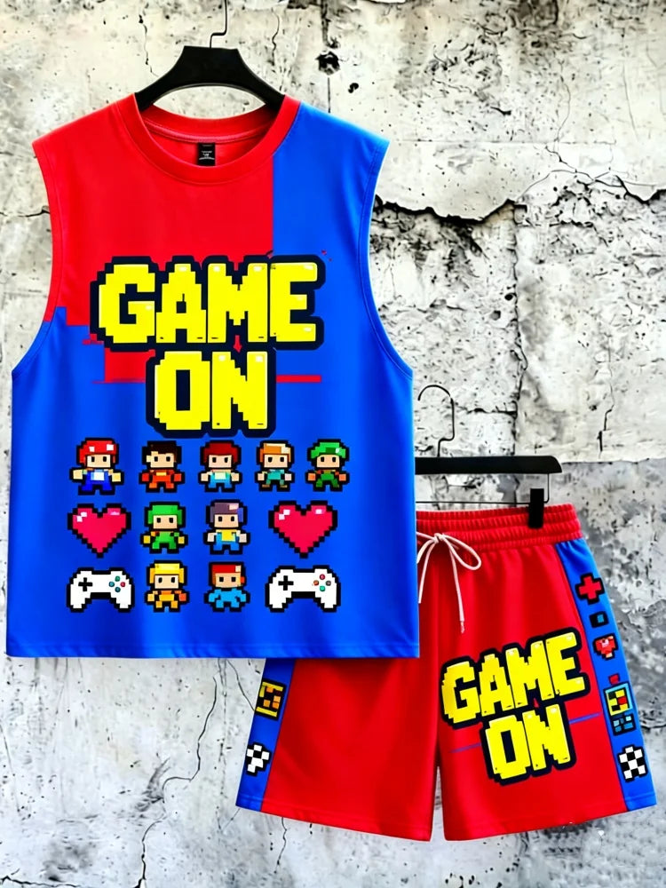 Men's 2-Piece Loose Fit Sleeveless Tank & Shorts, "Game On" Pixel Print Comfort Summer Outfit