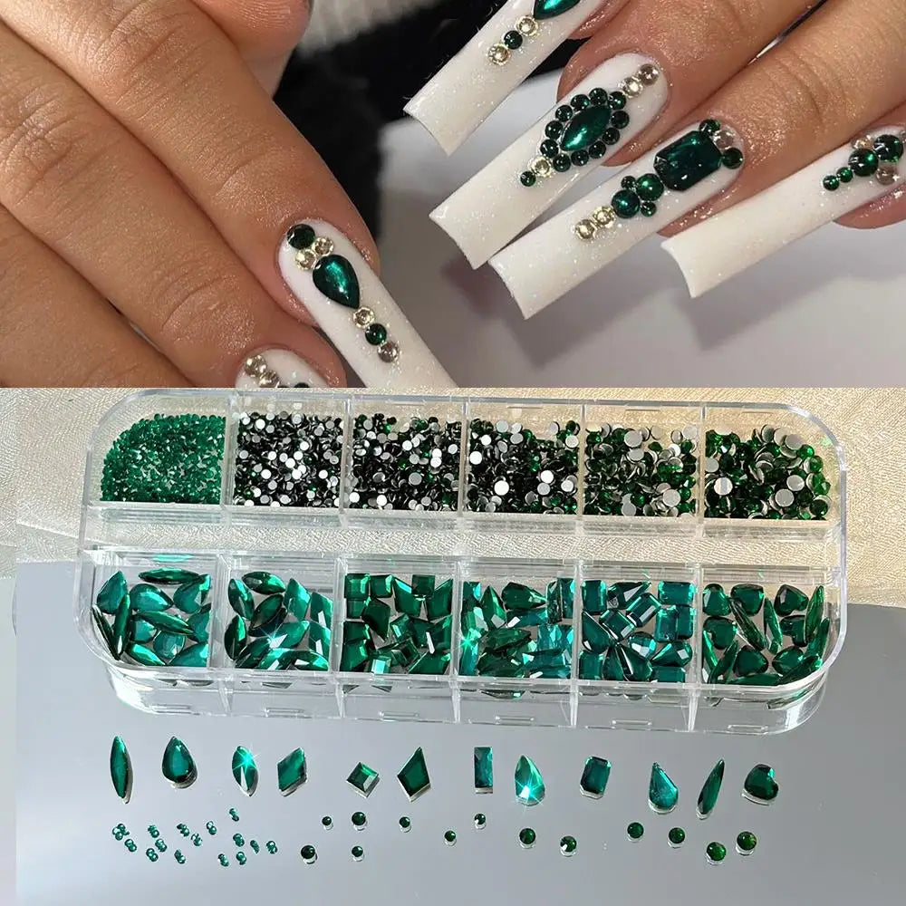 12Grids 3D Sapphire Blue Glass Nail Art Rhinestones Mixed-Shapes Flat-Back Diamond Nails Decorations Sparkling Manicure Gemstone