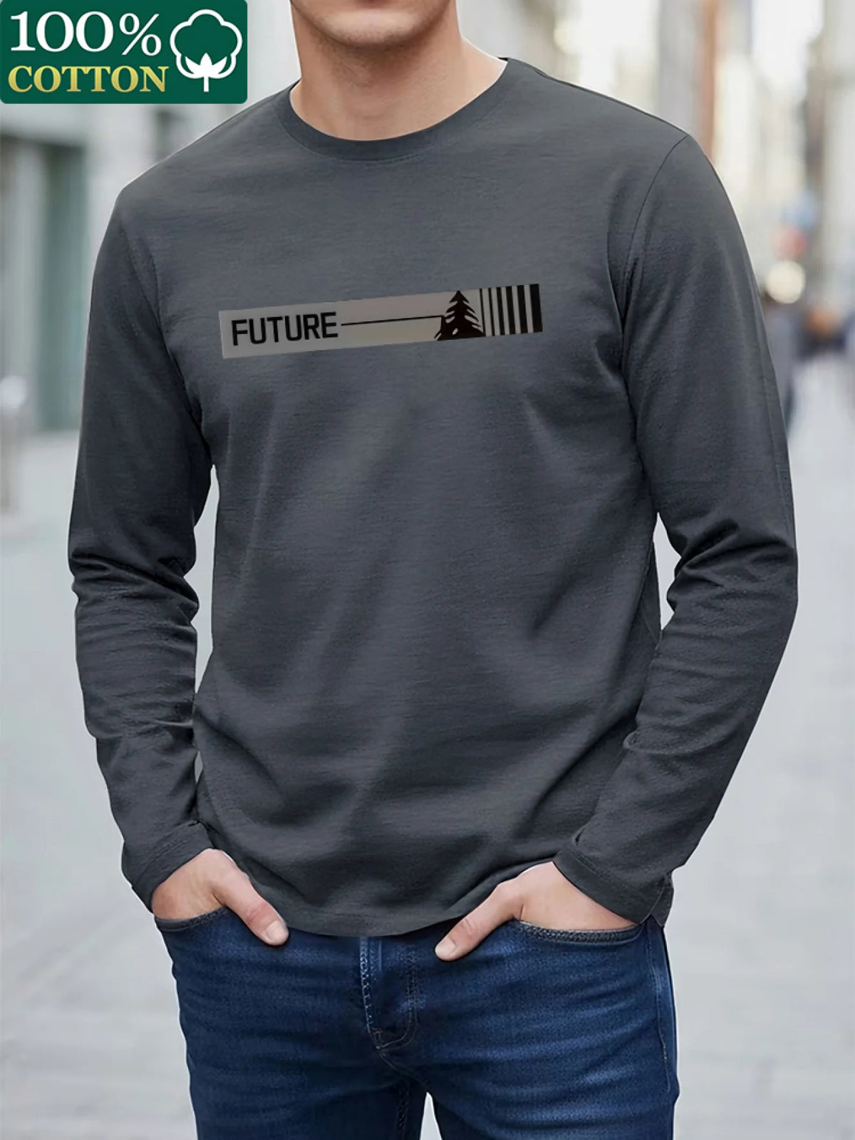 100% Pure Cotton Men's Long Sleeved Round Neck Loose Compass Explorer Pattern Printed Casual Versatile T-Shirt Top