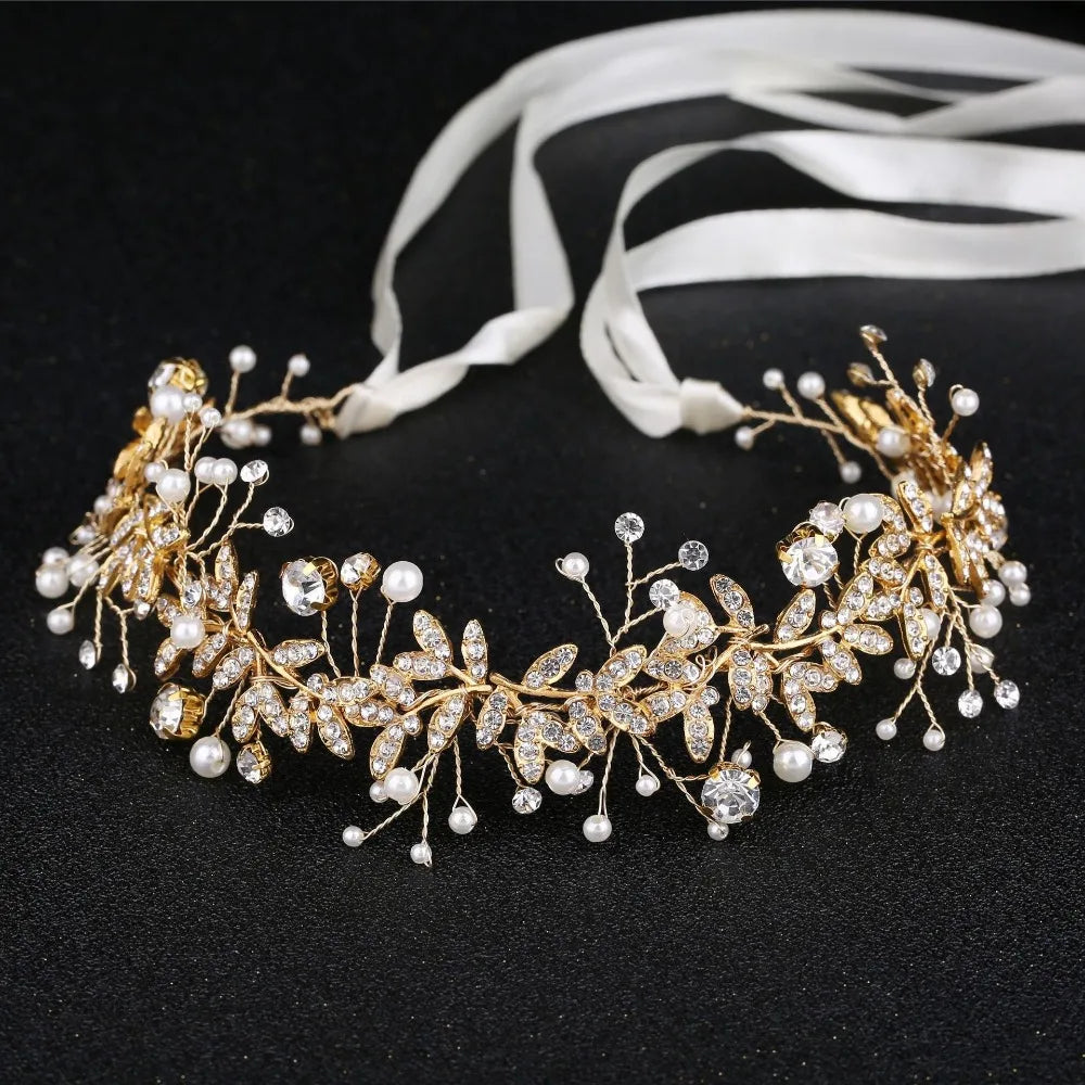 Pearl Bridal Headband Sparkling with Ribbon Rhinestone Headpiece Comfortable To Wear Handmade Bridesmaid Headwear Prom Event