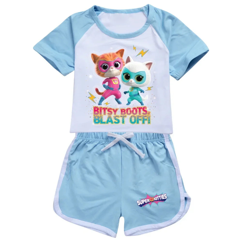AIAI 2025SuperKitties Costumes Tshirt Shorts Kids Superkitties Clothes Toddler Boys Summer Outfits Baby Grils Short Sleeve Tshir