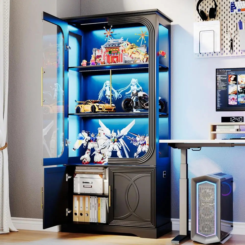 2pc Wood Display Cabinet with Glass Do, 69" Tall Curio Cabinet with LED Lights, Glass Display Case with Storage and 3 Shelves or