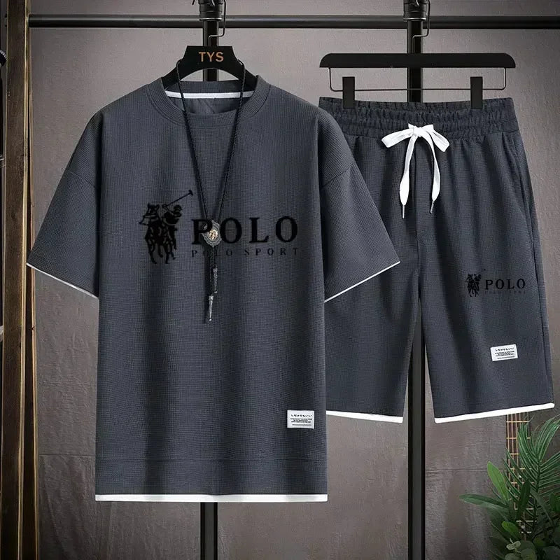 2026 Men's Summer Waffle 2 Piece Set Short Sleeve T-Shirt Sports Shorts Fashion Breathable Casual Tracksuit Gym Running Clothing