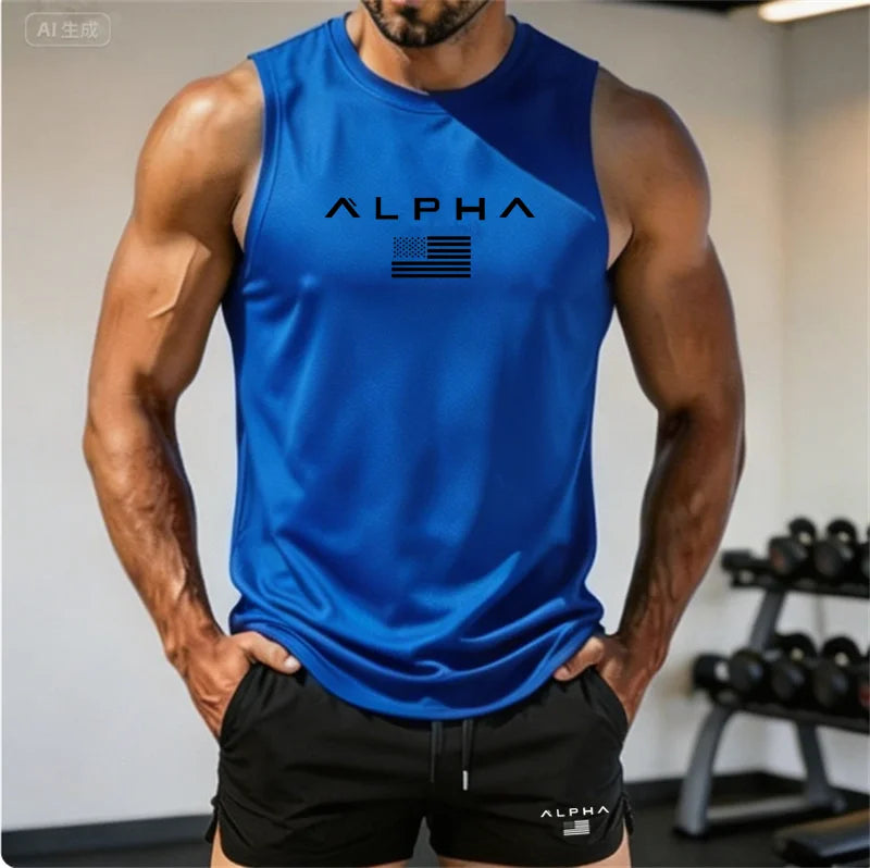 2026 Alpha Men's Printed Round-neck Fitness Vest+shorts Undershirt, Muscle Quick-drying Basketball Vest