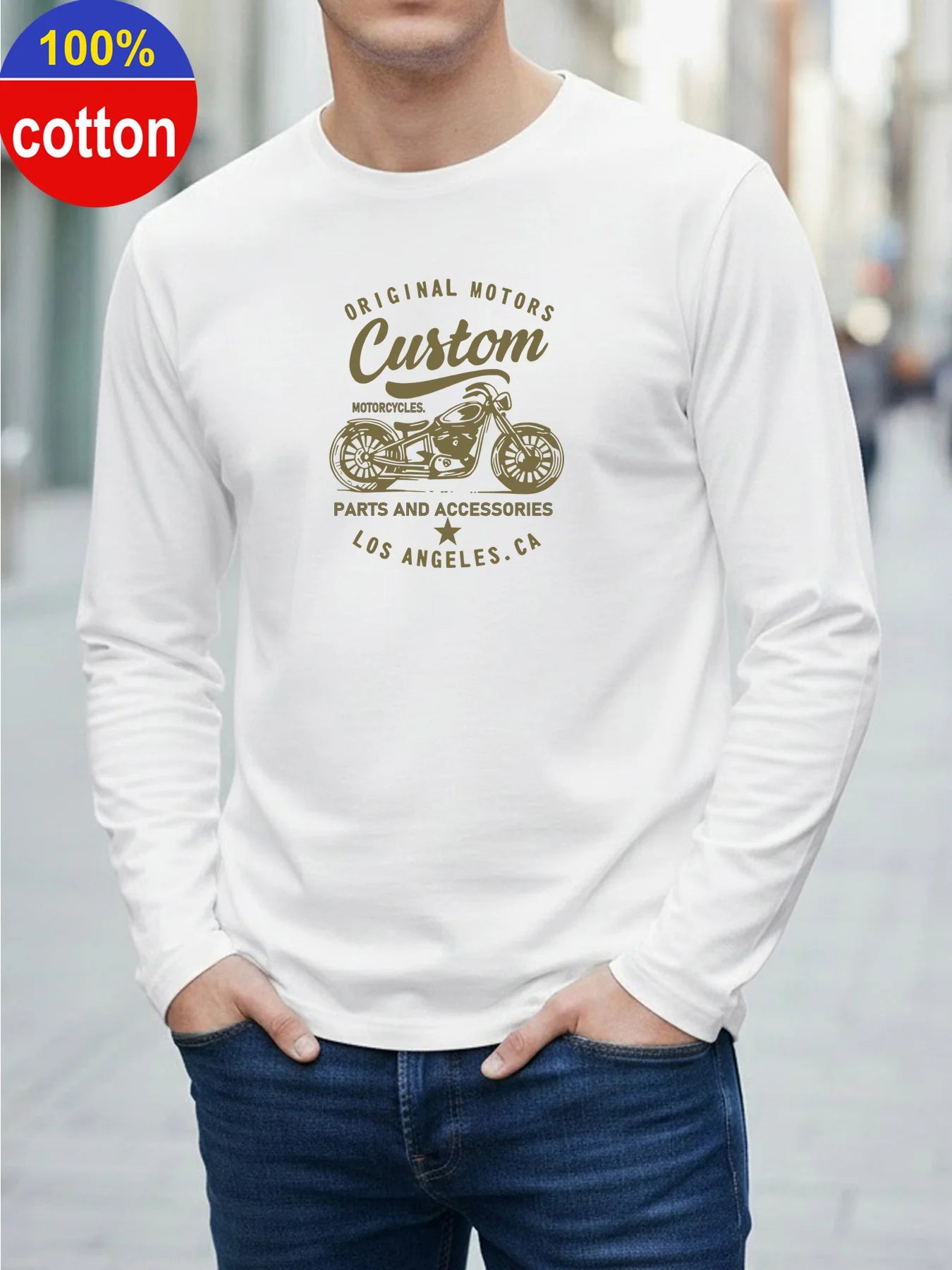 100% Pure Cotton Men's Long Sleeved Round Neck Loose Motorcycle Tpattern Printed Spring and Autumn Casual Versatile T-Shirt Top